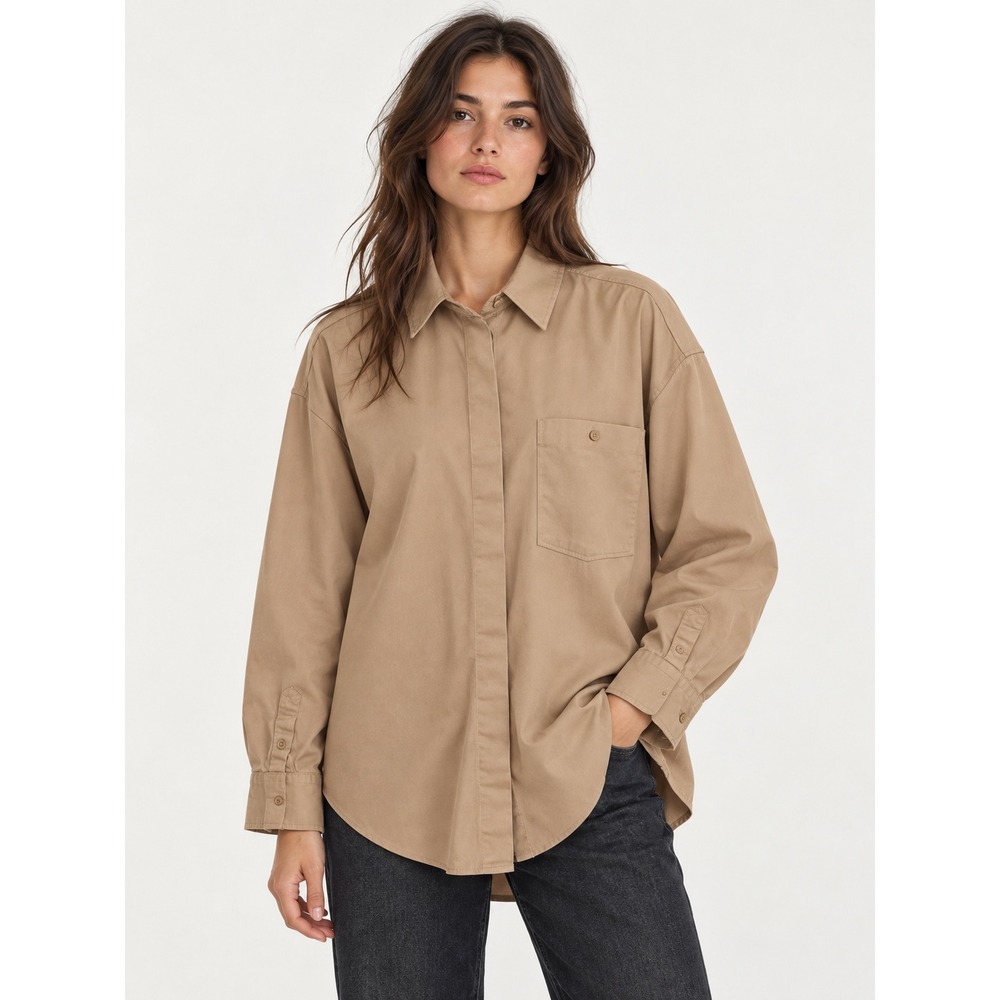 Zara Womens Oversized Button Up Shirt Tan Khaki Cotton Blend XS